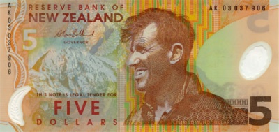 The New Zealand $5 note showing Sir Edmund Hillary, the first person to climb Mt Everest